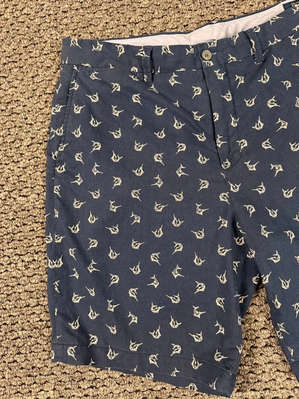 Polo Ralph Lauren Marlin Embroidered Linen Cotton Shorts Navy Blue Mens Size 35